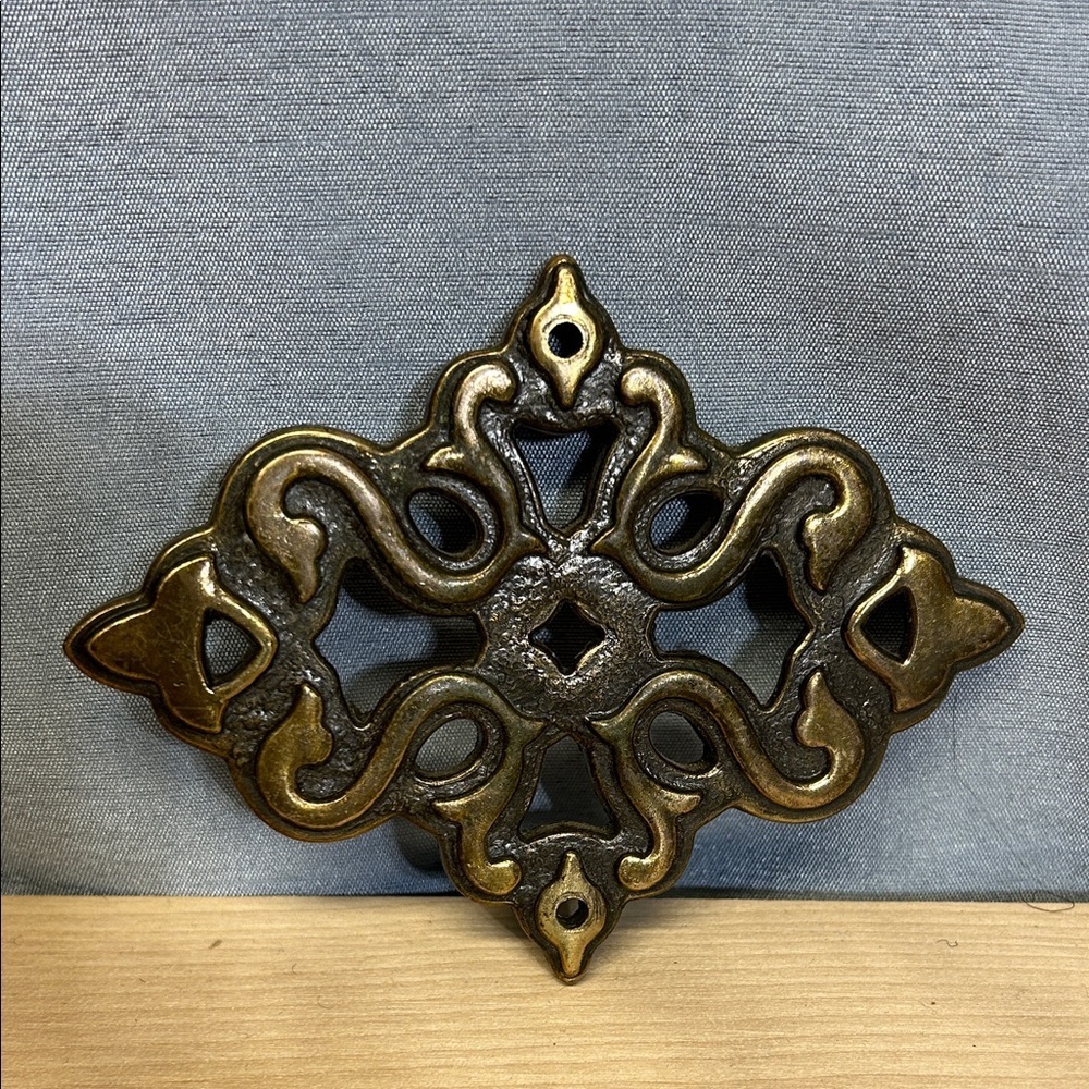 Vintage Brass Drawer Pull Backplate Gothic design 891 Ajax 4 3/8” X 3 1/4”